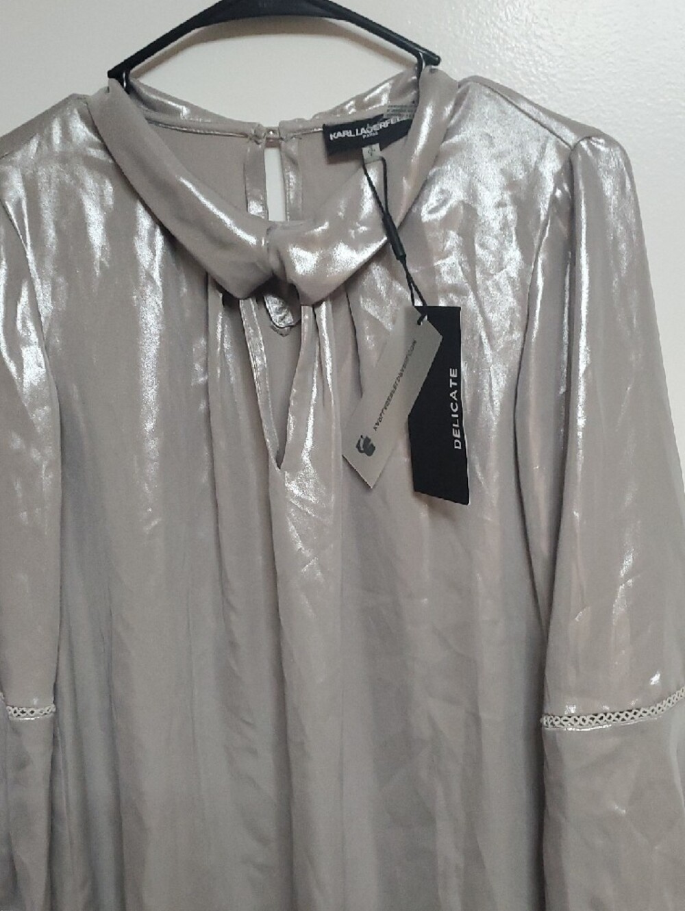 Karl Lagerfeld Silver Metallic Tie-Neck Bell Sleeve Blouse - Picture 5 of 9